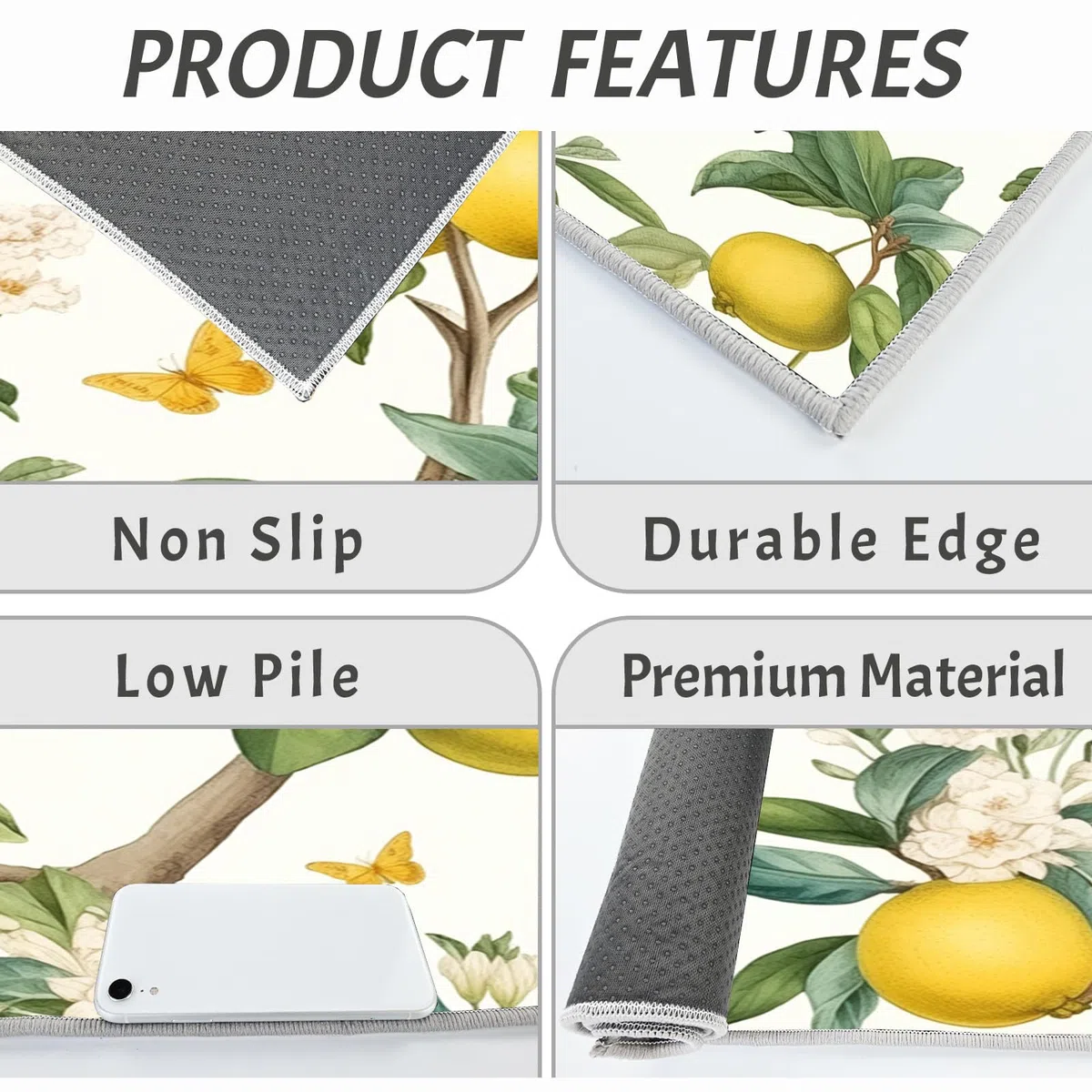 2 Piezas Antideslizante Cocina Absorbente Lavable Jardín De Limones Alfombra De Pie De Cocina Plantas Naturales para Comedor Dormitorio Portal Salón 43X75+43X150Cm, Verde Claro