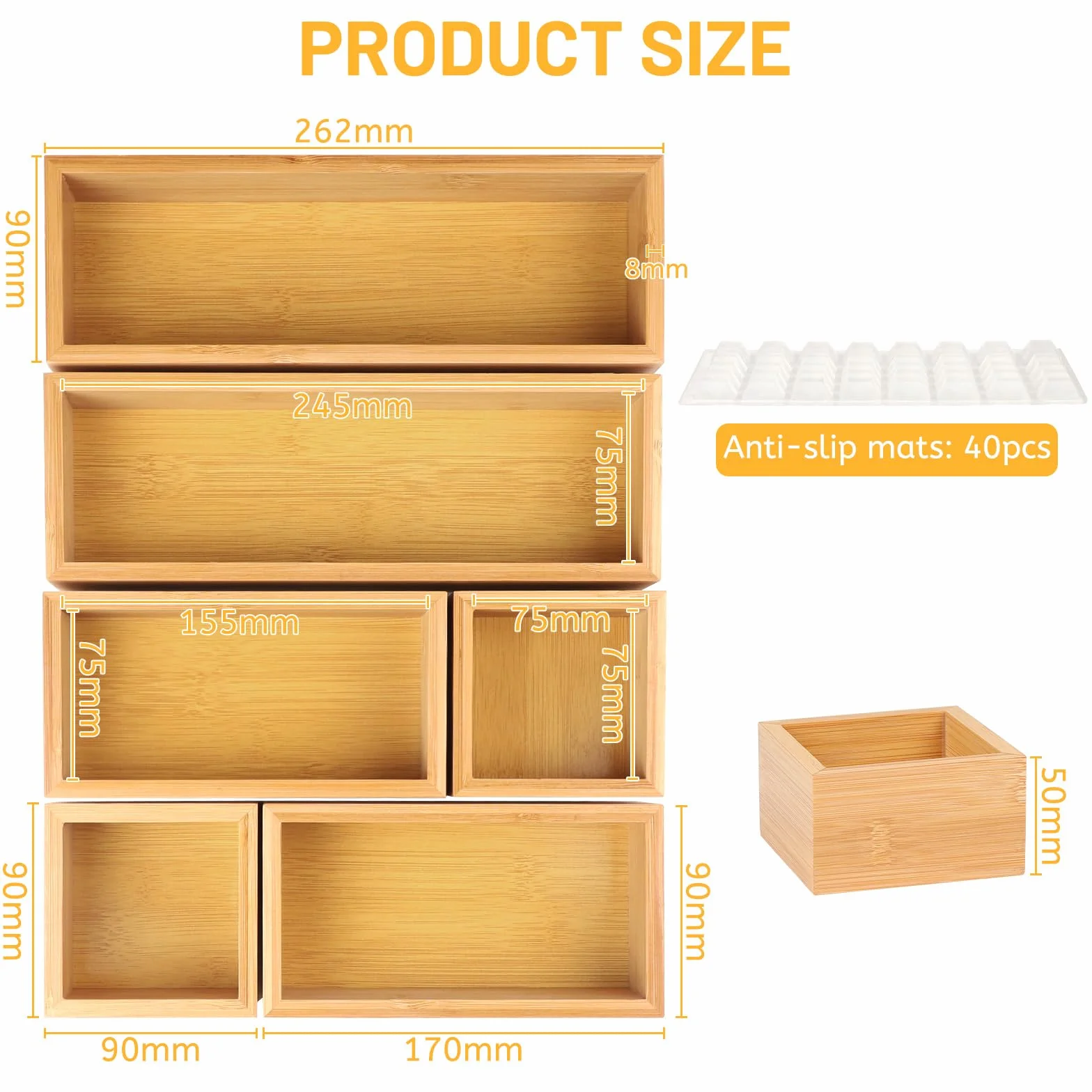 DBREAKS Set de 6 Cajas Organizadoras para Cajones de bambú, Caja de almacenaje, para Utensilios, Maquillaje, Basura en Cocina, Baño(Natural)