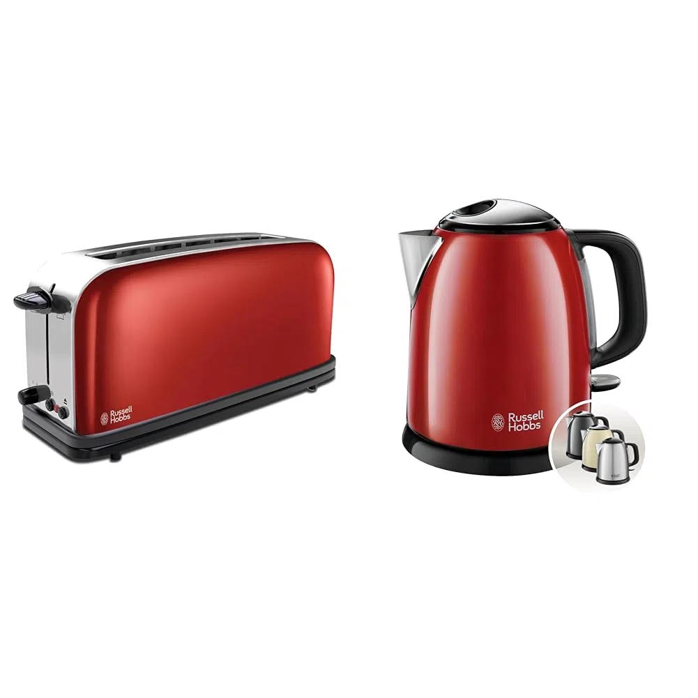 Russell Hobbs Tostadora + Hervidor de Agua Eléctrico Pequeño [pack especial] Colours Plus (acero inoxidable rojo, tostadora una ranura larga y ancha, hervidor compacto 1l de 2400) 21391-56 + 24992-70