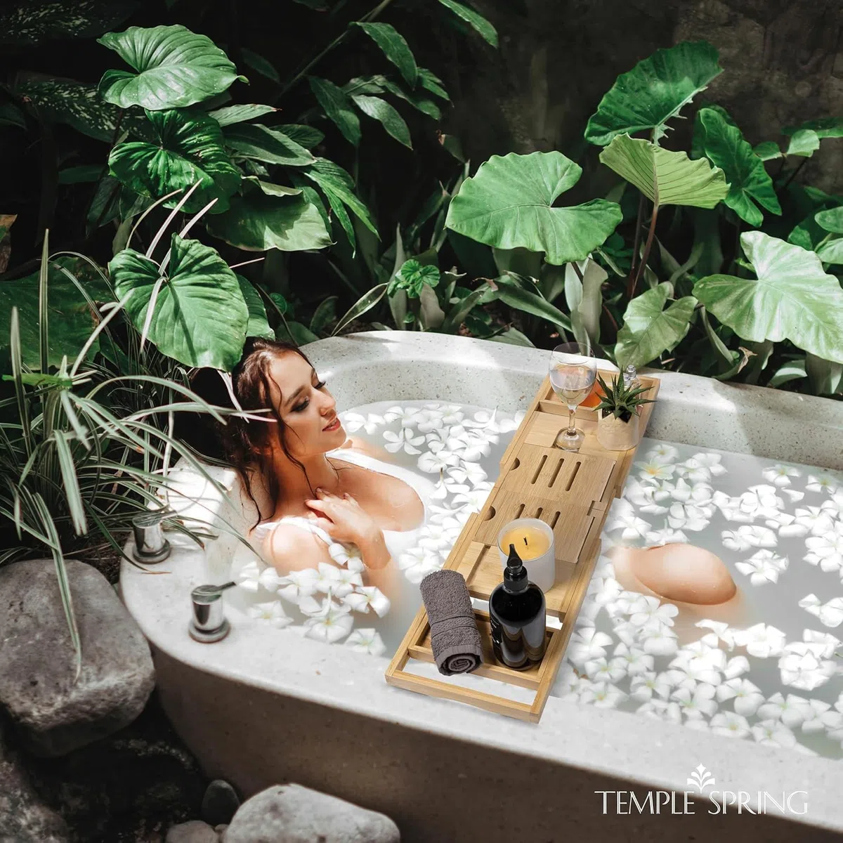 Temple Spring Diseño Único Estante Baño, Bambu Bandeja Baño Plegable, Bandeja Bañera Extensible, Accesorios Bañera – Natural