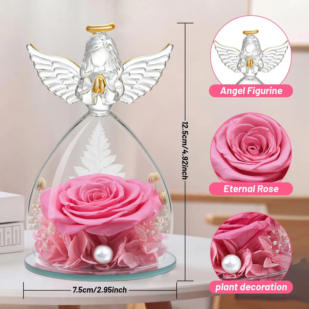 Regalos Navidad de Angel para Mamá Ella, Rosa Eterna en Cúpula de Cristal de Angel, Flores Preservadas Regalos Navidad Mama Abuela San Valentín Dia De la Madre Aniversario Pareja