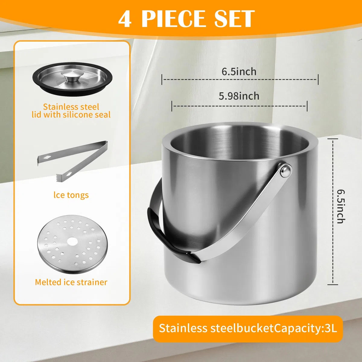 3litros Cubitera de Acero Inoxidable de con Clips y Colador,Cubeta para Hielo con Aislamiento de Doble Pared,para Fiestas, Ares, vinos refrigerados, Champán, Cerveza, Cócteles