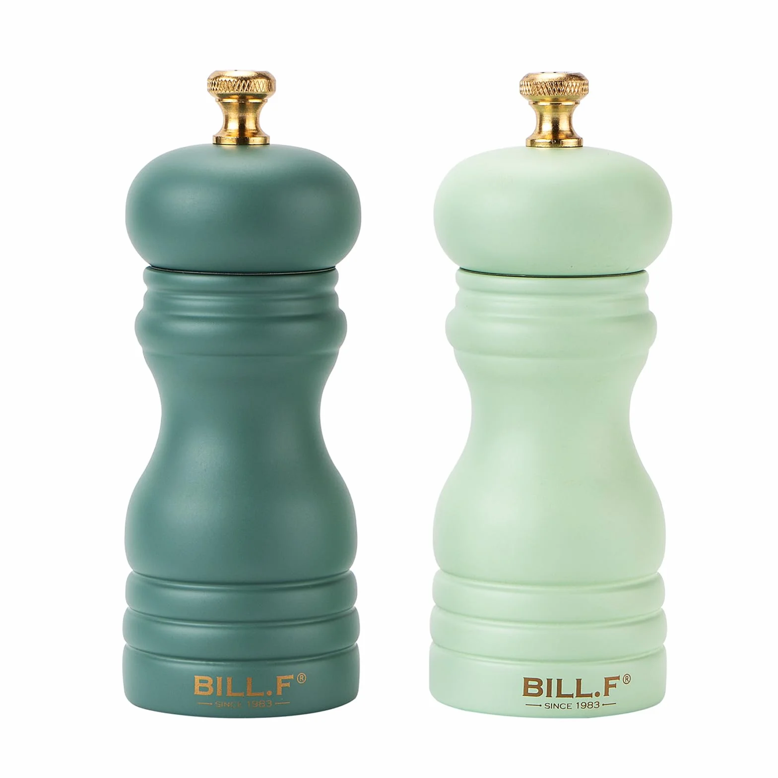 Bill.F - Juego de molinillos de sal y pimienta de madera, juego de 2 molinillos de sal y pimienta manuales, recargables de 5 pulgadas con rotor de molienda de cerámica ajustable (juego de 2 verde)
