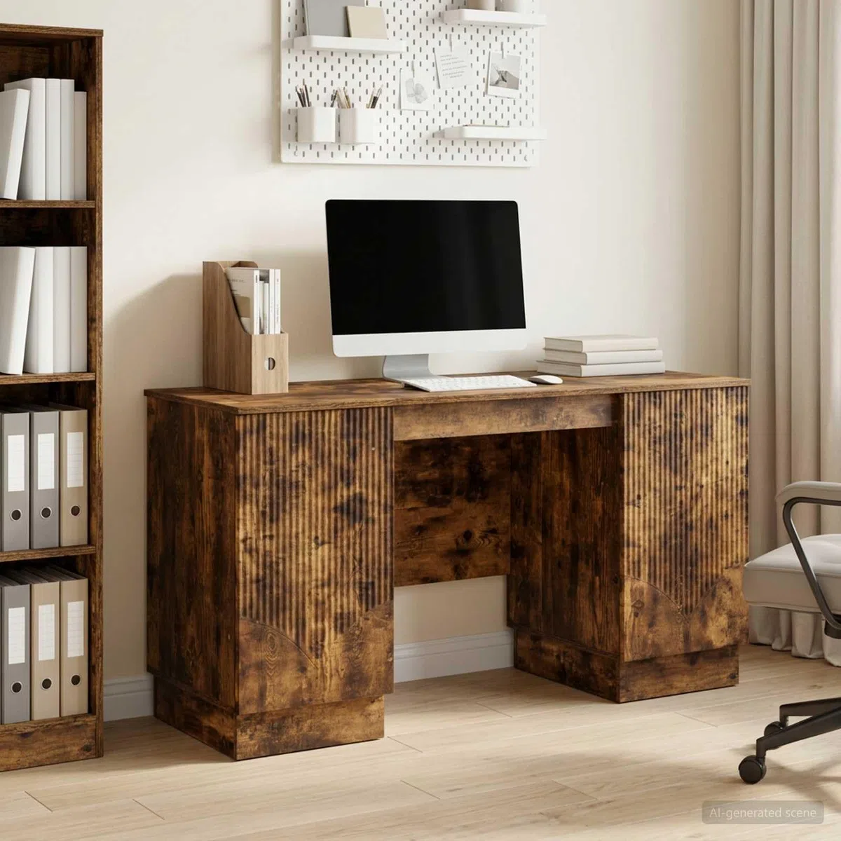 Escritorio de madera de roble ahumado, 142,5 x 50 x 75 cm, mesa de trabajo para ordenador portátil, mesa de escritorio, escritorio de pie secretario, gaming, aprendizaje, jugar, oficina en