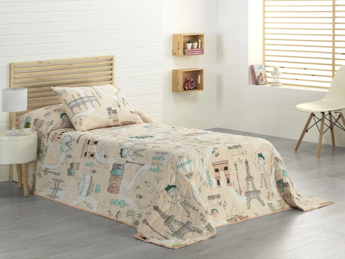 DHESTIA HOME Colcha Bouti Infantil Cama 90 y Cama 105 Patrón Cosido Ohlalá Color Rosa Palo Talla Cama 90/105