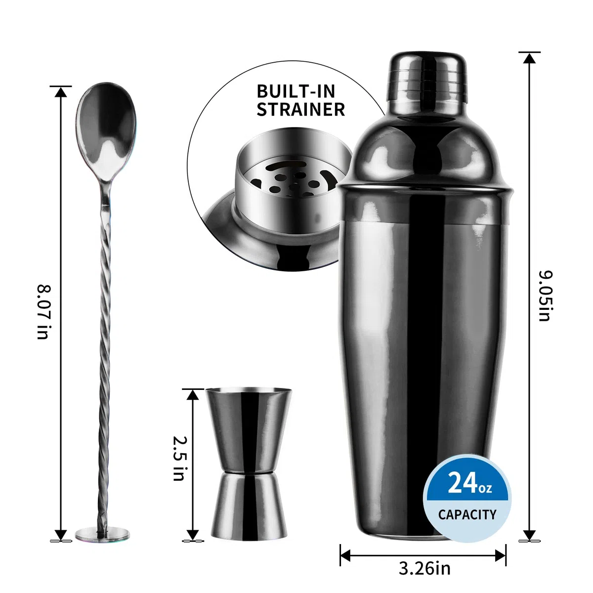 Safring Juego de coctelera de 24 onzas, coctelera de Martini con colador integrado, medidor medidor, cuchara mezcladora, coctelera profesional de acero inoxidable grande para camarero, mezclador de
