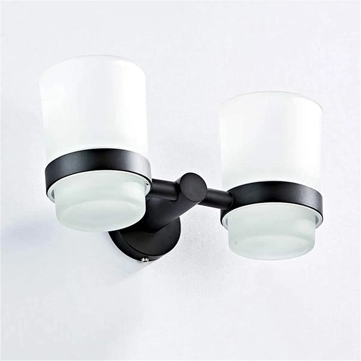 Soporte doble para cepillo de dientes de pared negro mate, soporte doble de latón con 2 vasos de cristal, accesorios de baño elegantes, decoración moderna para el hogar y el spa