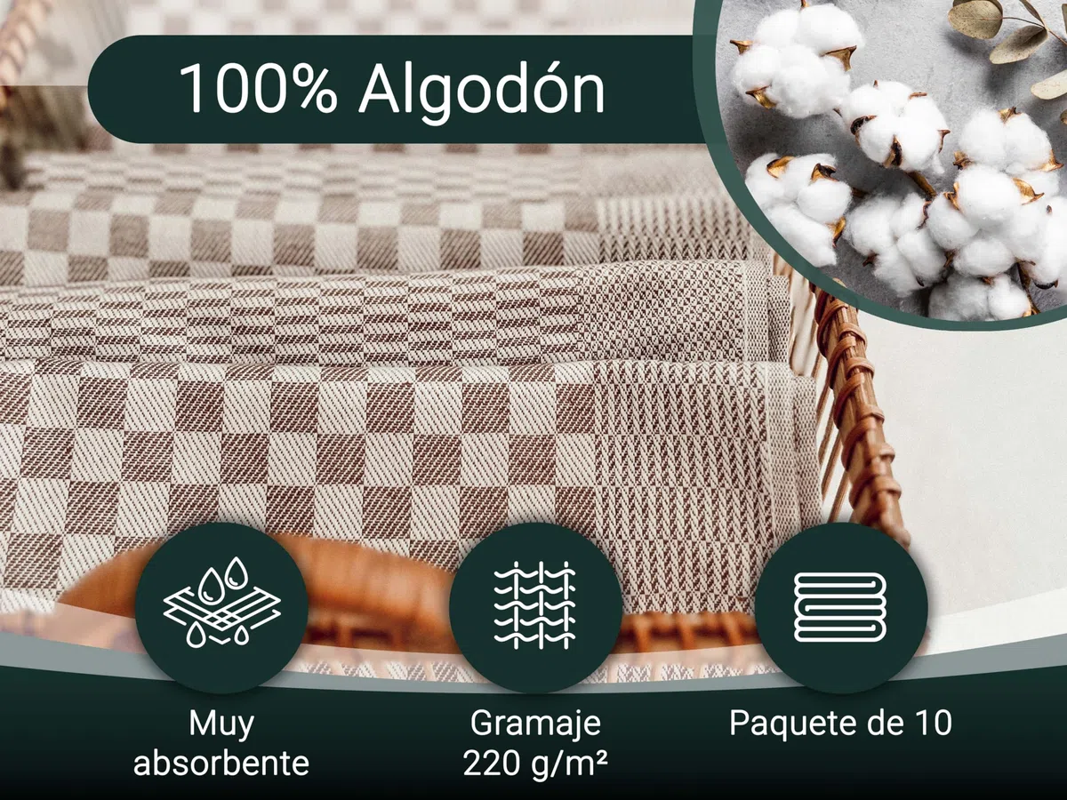 ZOLLNER 10 Trapos de Cocina de algodón a Cuadros, 46x70cm, 220 g, marrón