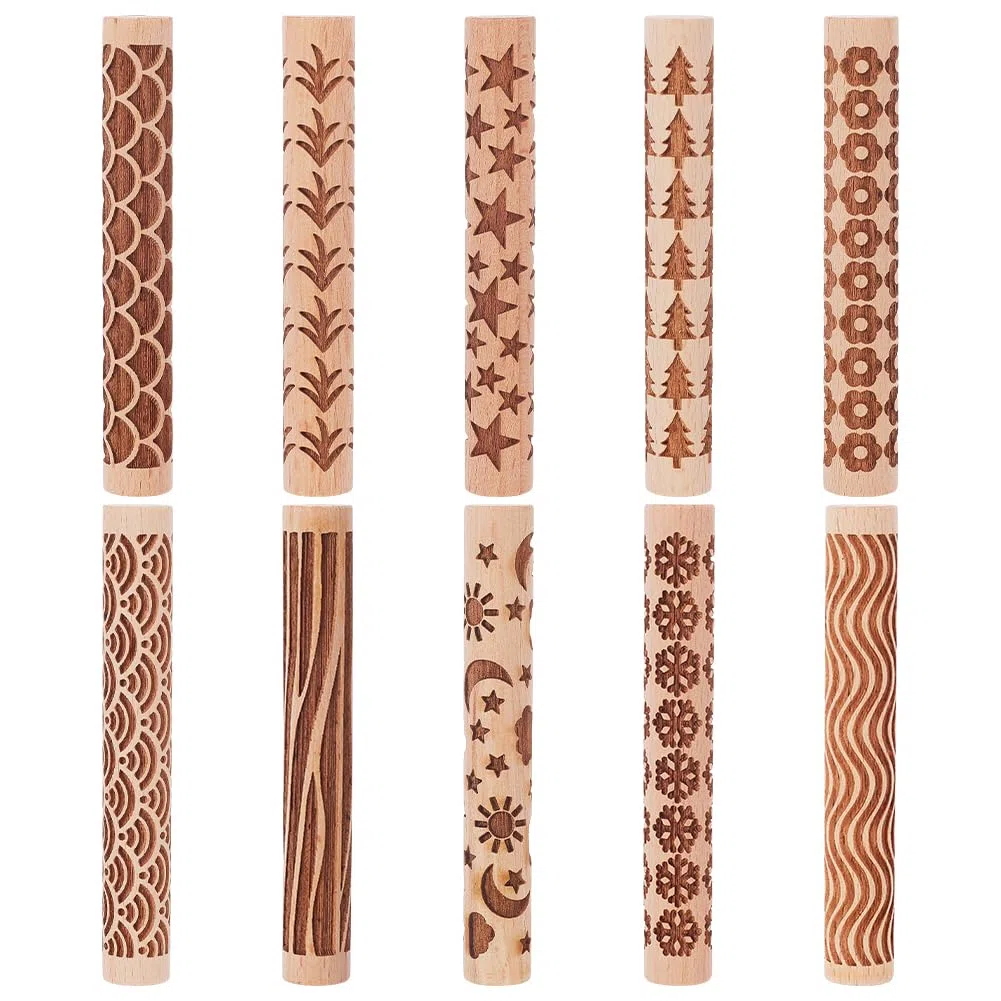 Unicraftal - Juego de 10 rollos de textura de madera para arcilla cerámica cerámica cerámica alfareros sellos herramientas rodillos de pastelería texturizados, kit de modelado para bricolaje artesanal