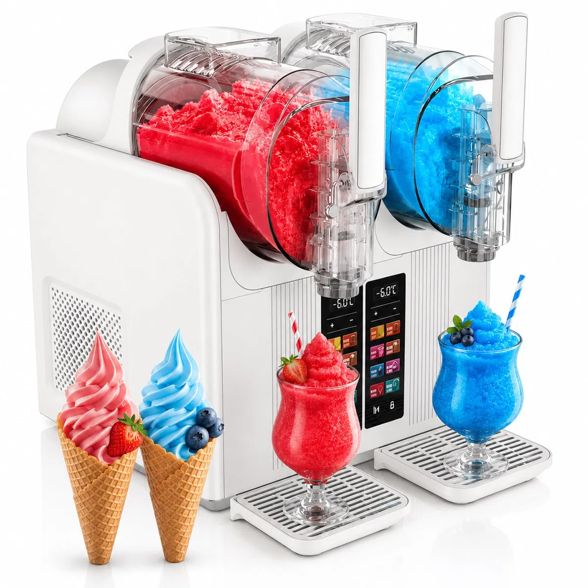 Máquina para Granizados y Slush 2 en 1, Máquina de Helado Soft Profesional con 2 Tanques, Dispensador Automático Táctil para Batidos, Smoothies, Helado y Bebidas Frías para Fiesta y Bar White
