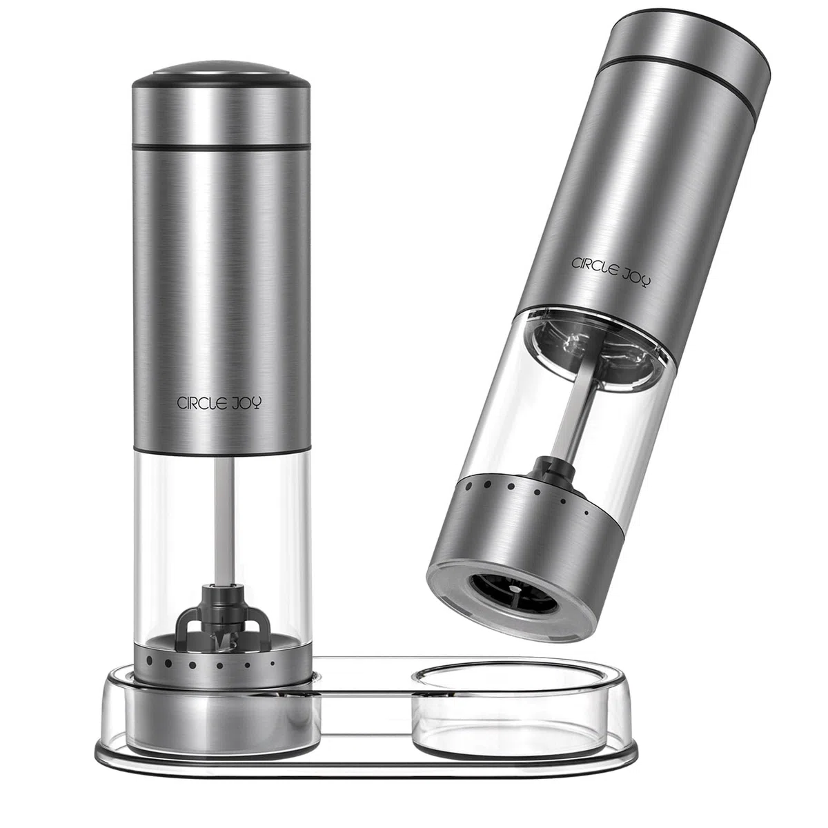 CIRCLE JOY Juego de Molinillos Eléctricos de Pimienta Molinillo de Especias de Acero Inoxidable a Batería con Base, Recipiente Transparente Lavable de 95ml, Luz LED Blanca y Rugosidad Ajustable, Plata