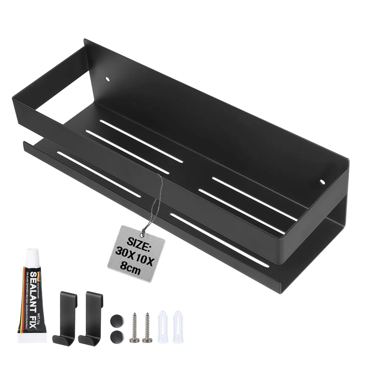 EXLECO Estanteria Baño Pared 30CM Estante Ducha sin Taladro Acero Inoxidable, Cesta da Ducha Autoadhesiva con 2 Ganchos, Repisas Baño Organizador Accesorios para Jabonera Champú y Gel, Negro
