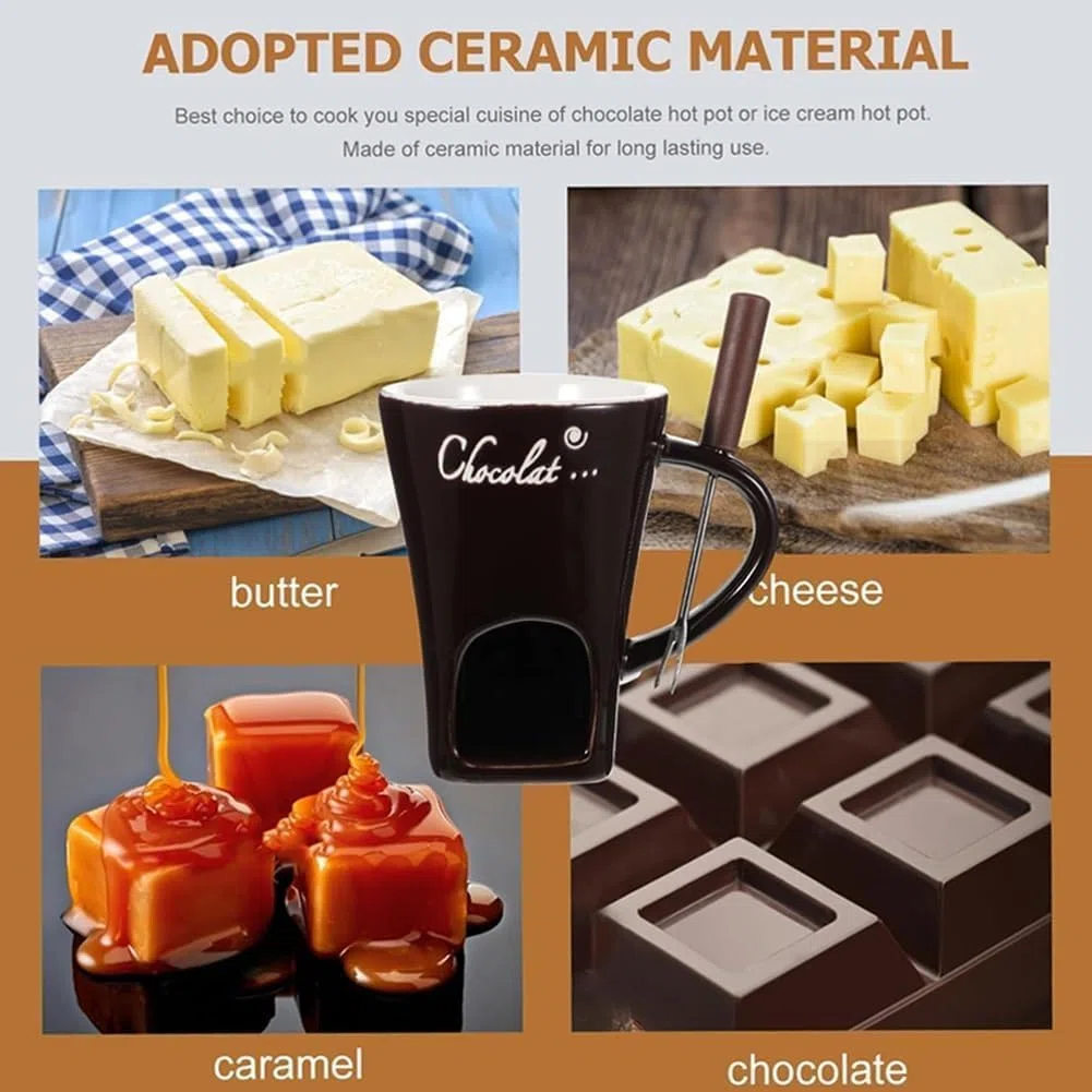 Tazas de fondue con luz de té, taza de fondue, juego de fondue de chocolate, taza de fondue de chocolate con tenedor, taza de fondue de chocolate para queso, caramelo, regalos de cumpleaños y boda