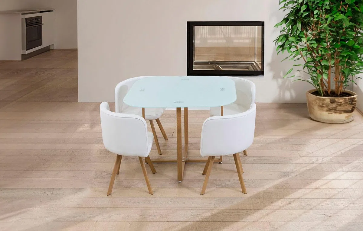 S & S Saldos y Stocks Mesa de Cristal Templado Teka + 4 Sillas. Comedor o Cocina Blanco 100x100 cm