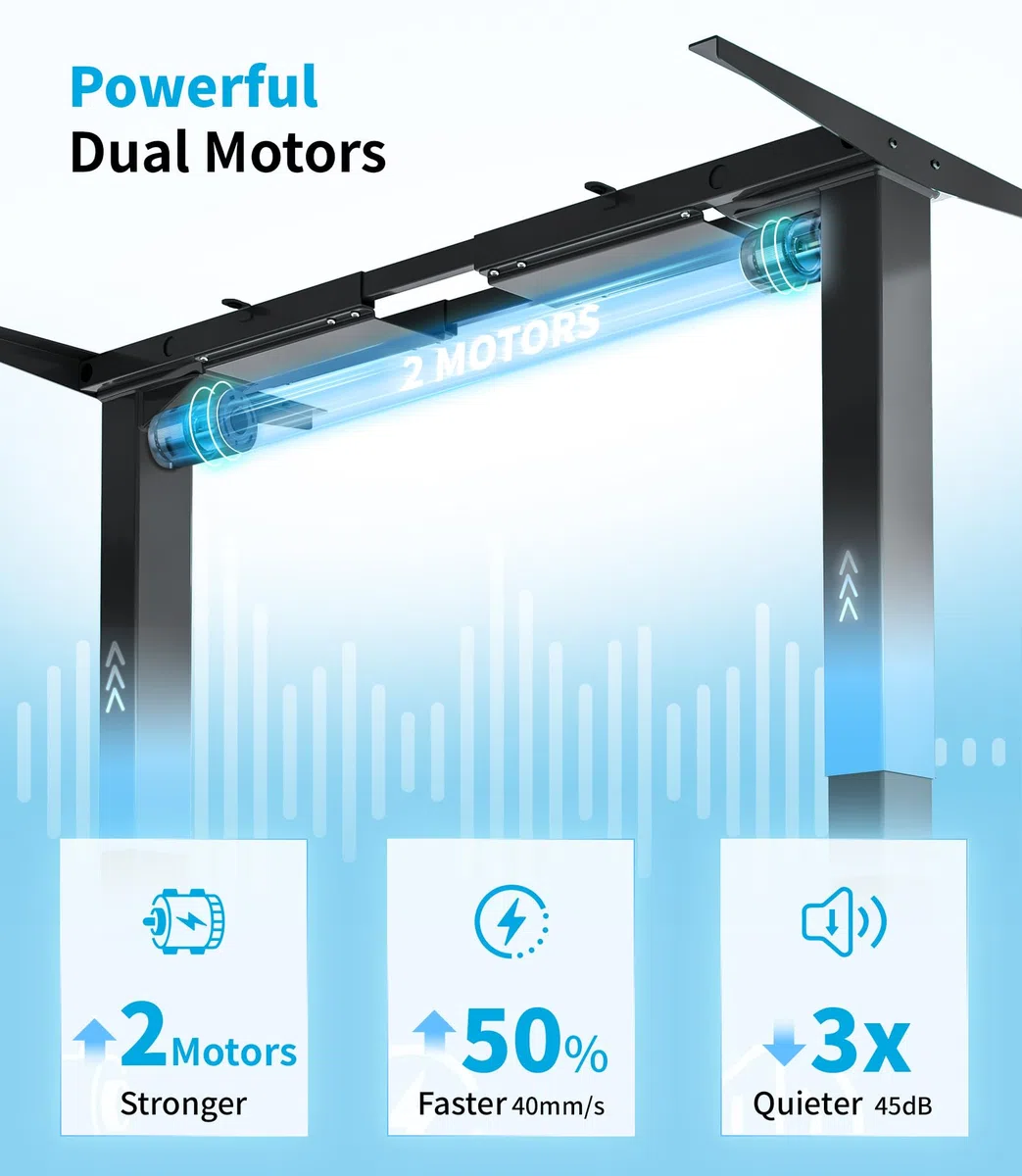 MAIDeSITe Marco de Escritorio de pie Altura Ajustable Eléctrica Doble Motor 3 Sección Patas Telescópicas con tecla de Memoria Automática Inteligente(Negro) | Ajuste de 62-125cm, Doble Motor Silencioso (<45dB, 40mm/s), Carga de 160kg, Acero al Carbono y 4
