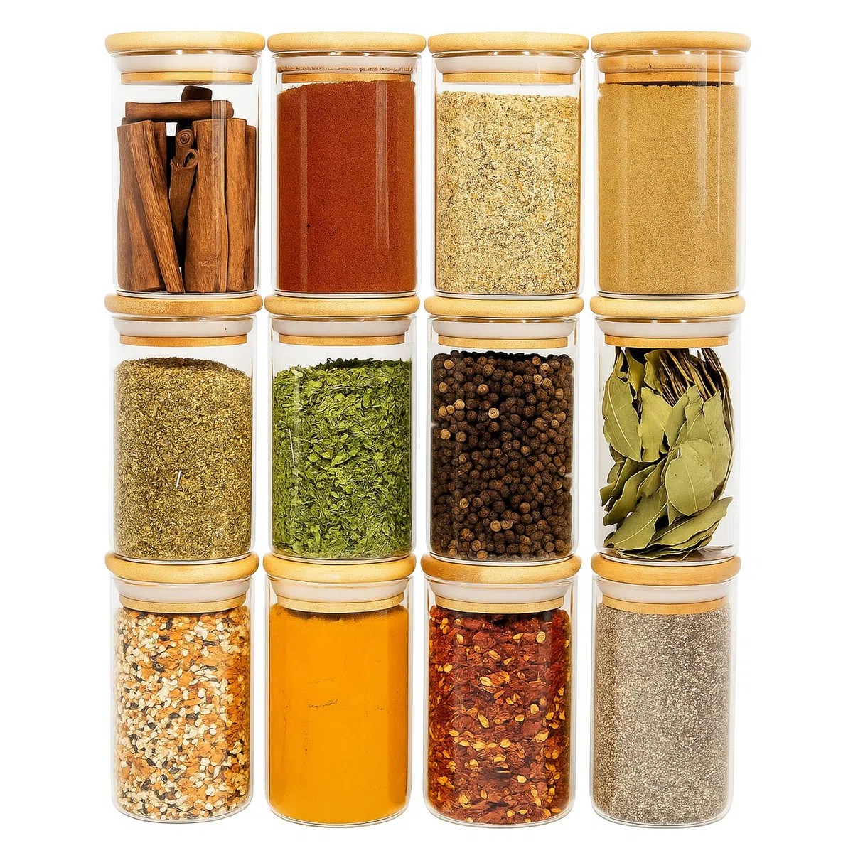 SAVVY & SORTED 12 tarros de especias de bambú natural, tarros de vidrio grandes de 8.5 onzas con tapas de bambú, tarro de condimentos con tapas herméticas, contenedores de especias para hierbas