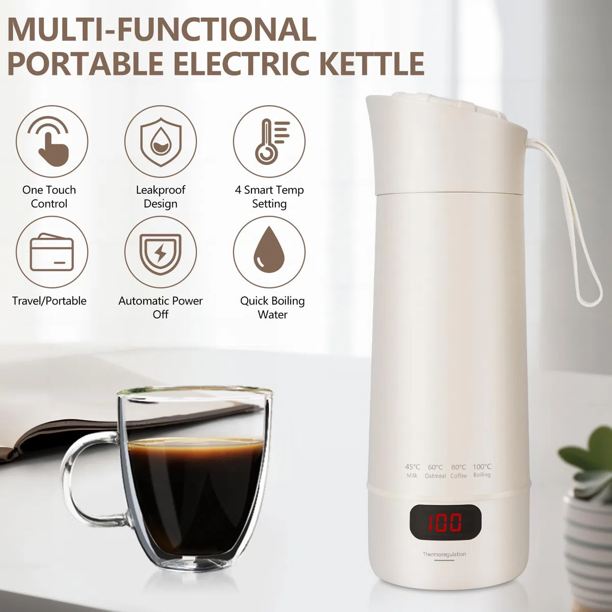 Pequeño hervidor de agua portátil, 400ML Hervidor de Viaje, 3 en 1 Mini Taza de Agua Eléctrica, 4-Temperaturas, Materiales Inoxidables, Apagado Automático, para Hacer Leche, Café y Té