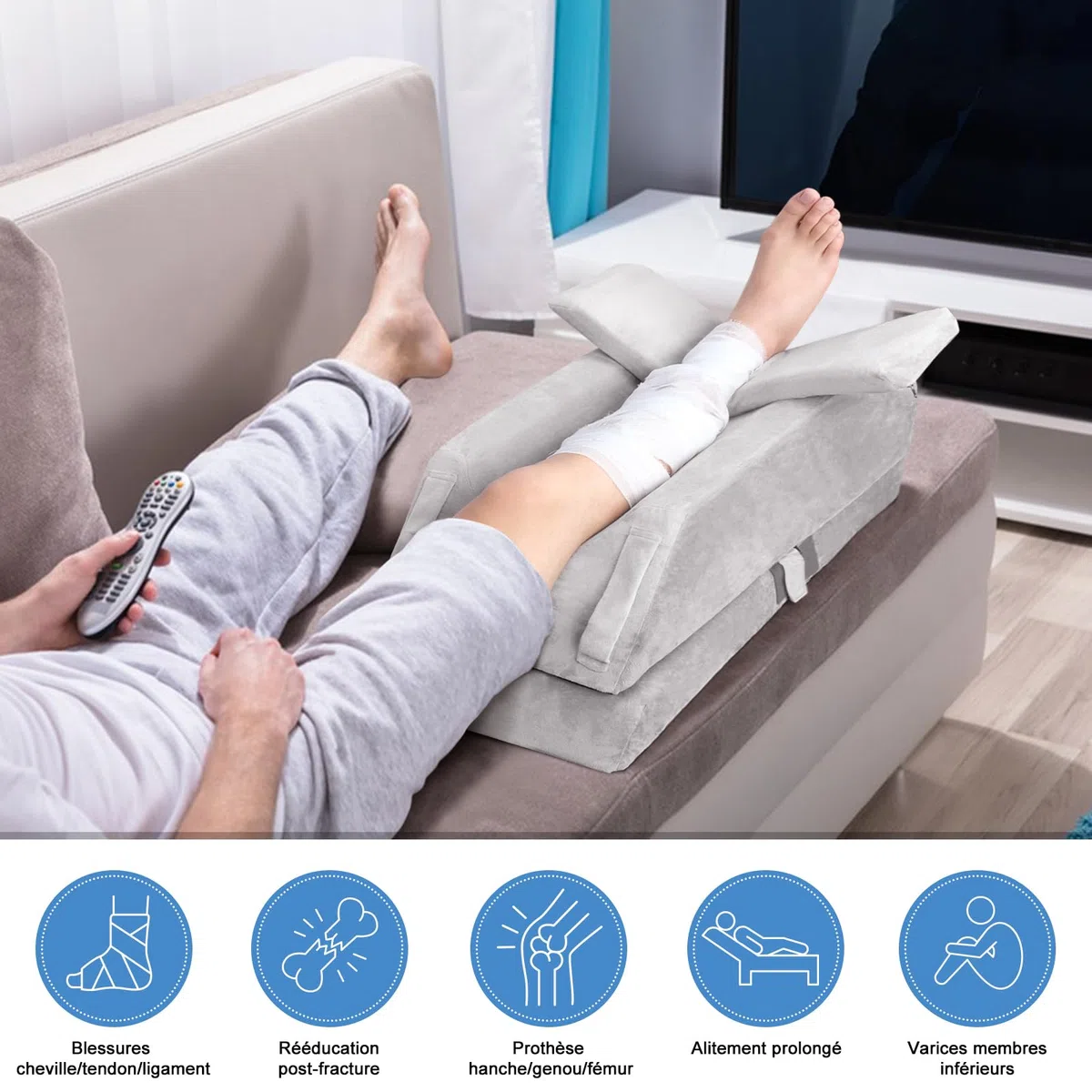 Cojines de elevación de piernas ajustables en 4 alturas, ideal después de una cirugía, para lesiones o relajación, espuma de memoria ortopédica, con 3 asas y un inserto extraíble, funda de terciopelo