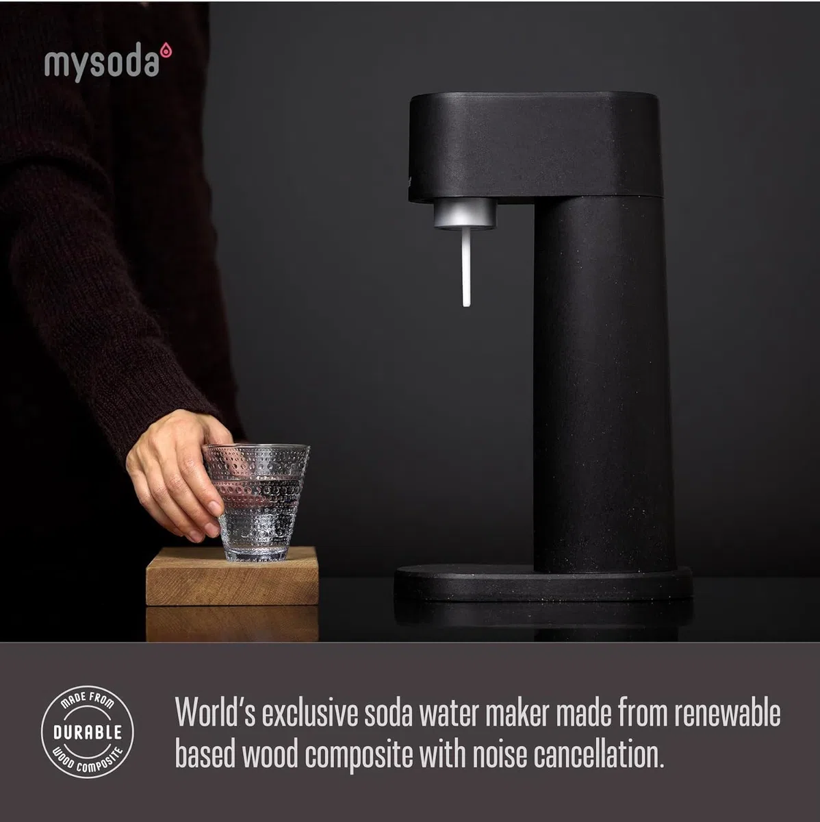 Mysoda Woody Black - Máquina de carbón vegetal, incluye botella de agua, negra (sin cilindro de CO2)