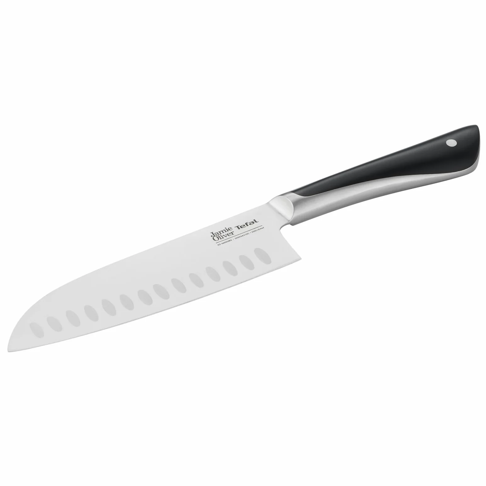 Tefal Jamie Oliver by K26715 - Cuchillo Santoku (16,5 cm, alto rendimiento de corte, diseño distintivo, cuchillas resistentes y duraderas, acero inoxidable), color negro