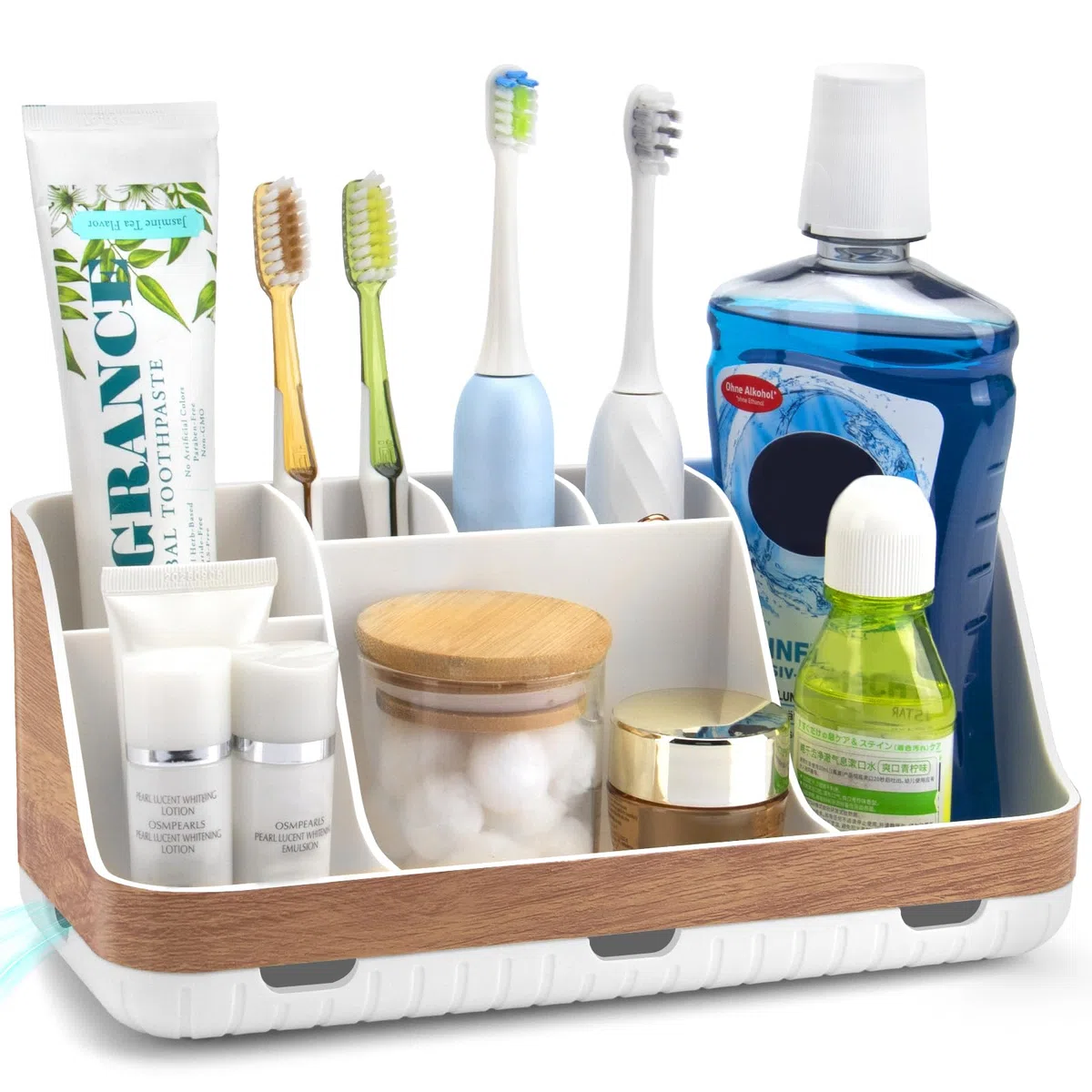GFWARE Organizador de encimera de baño, 7 ranuras desmontables, cepillo de dientes eléctrico y pasta de dientes, drenaje para accesorios de baño, organización, mostrador, almacenamiento de fregadero,