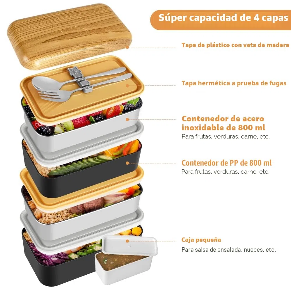 Fiambrera, Bento Lunch Box Estilo Japonés con Bolsa Termica Porta Alimentos, Cuchara y Tenedor Para Adultos Niños