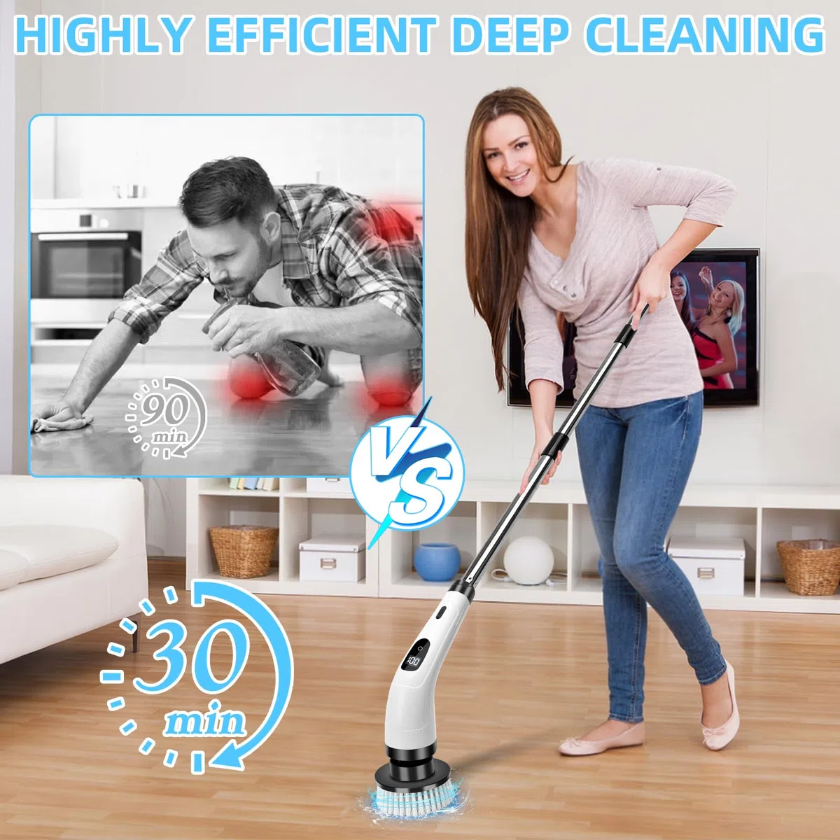 Cepillo de Limpieza Electrico, Limpiador Giratorio Eléctrico con 8 Cabezales De Cepillo De Repuesto,Cepillo Electrico Limpieza Hogar, IPX7 Fregadora Giratoria Hogar, Electrico Baño Brush 2 Velocidades