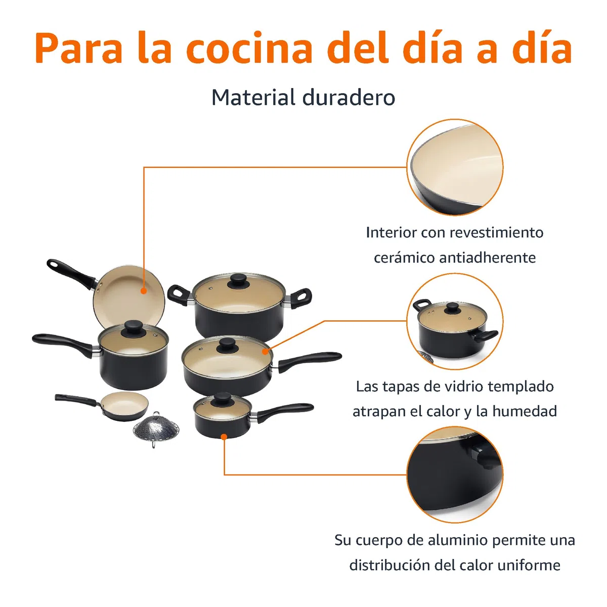 Amazon Basics Juego de ollas y sartenes, de cerámica, antiadherente, 11 Unidad, Negro/Crema