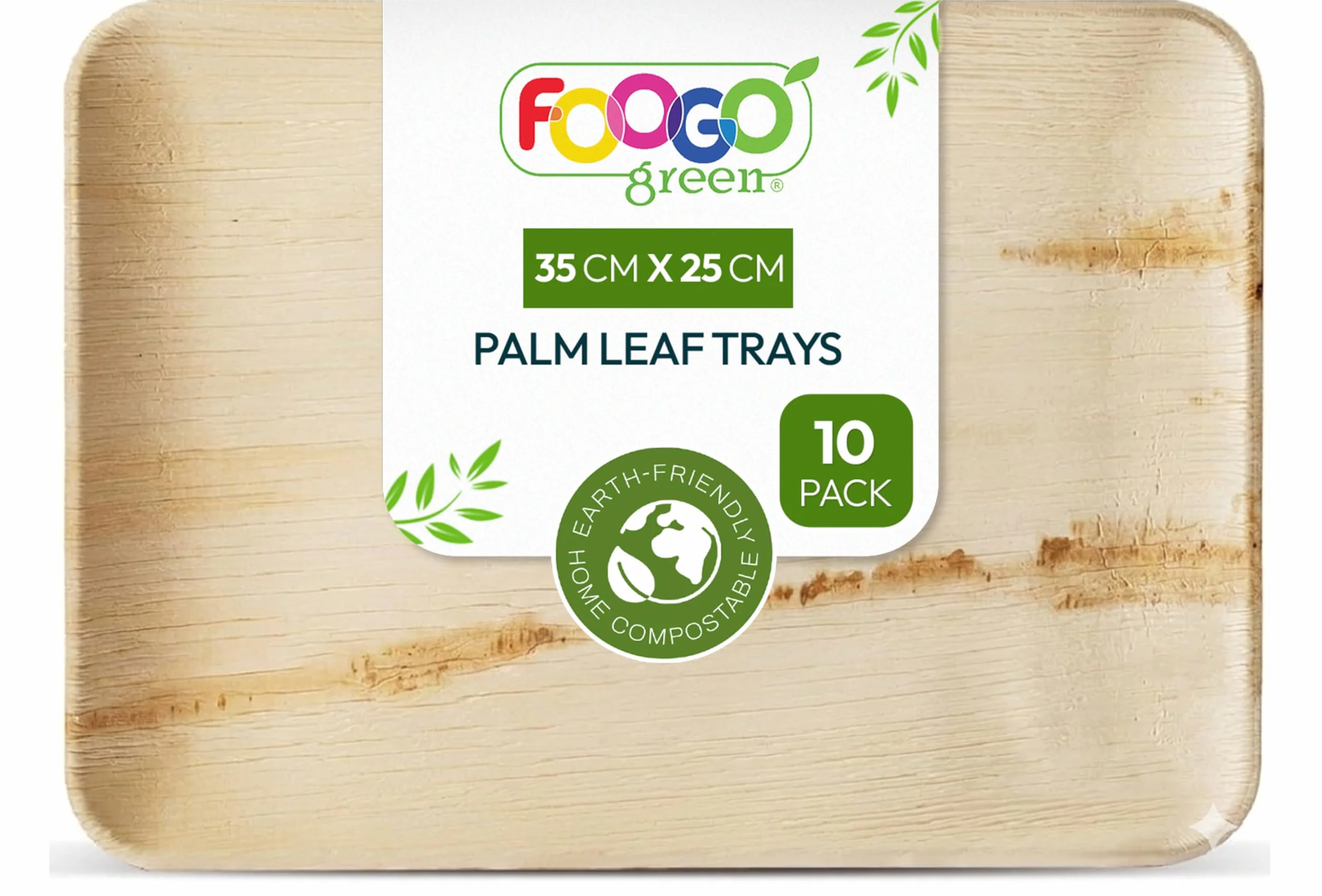 FOOGO Green 10 Bandejas Desechables de Hoja de Palma, Grandes 35x25 cm, Pizza, Entrantes, Canapés, Charcutería, Resistentes Como las Bandejas de Madera para Comida Caliente y Aperitivos