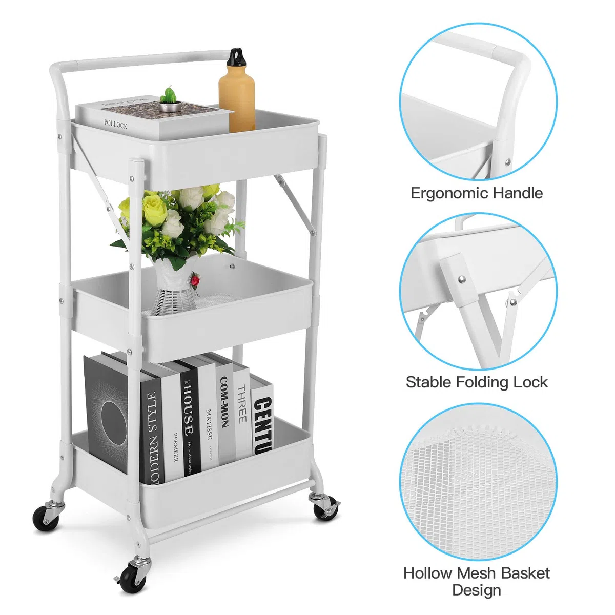 johgee Carrito Plegable de Metal de 3 Niveles, Plegable, multifunción, Organizador para el hogar, Biblioteca, Oficina (Plegable, Blanco)