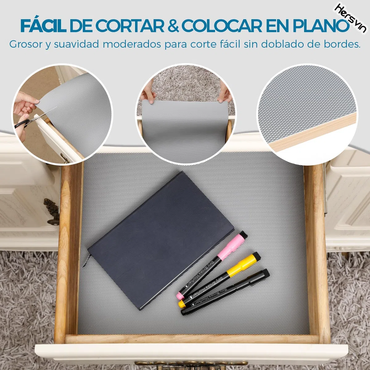 Hersvin 45cmx500cm Plastico Protector para Cocina Cajones, Alfombras Non Adhesivo para Nevera Mueble Fregadero Estante Organizador Cubiertos EVA Cubre Encimera(Gris Diamante)