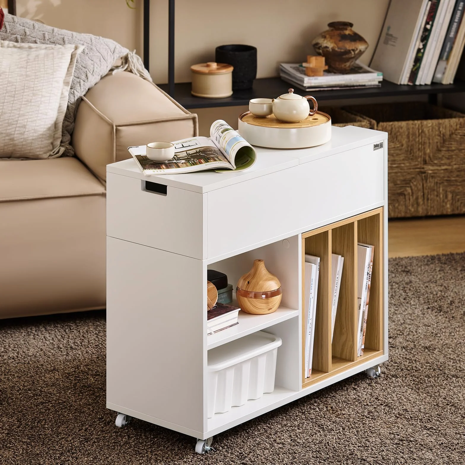 SoBuy Mesa Auxiliar con Ruedas y Tapa Abatible 30x61x70cm | Mesa multifunción para sofá, dormitorio u oficina con cajón y estante extraíble FBT134-W