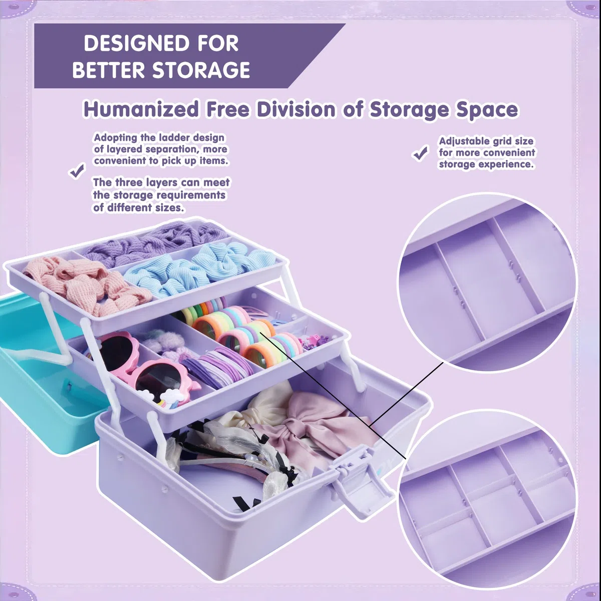 Creahaus Caja de almacenamiento multiusos de tres capas de 30cm, caja de herramientas, estuche de arte y manualidades, organizador de suministros de costura, caja de medicamentos(azul morado)