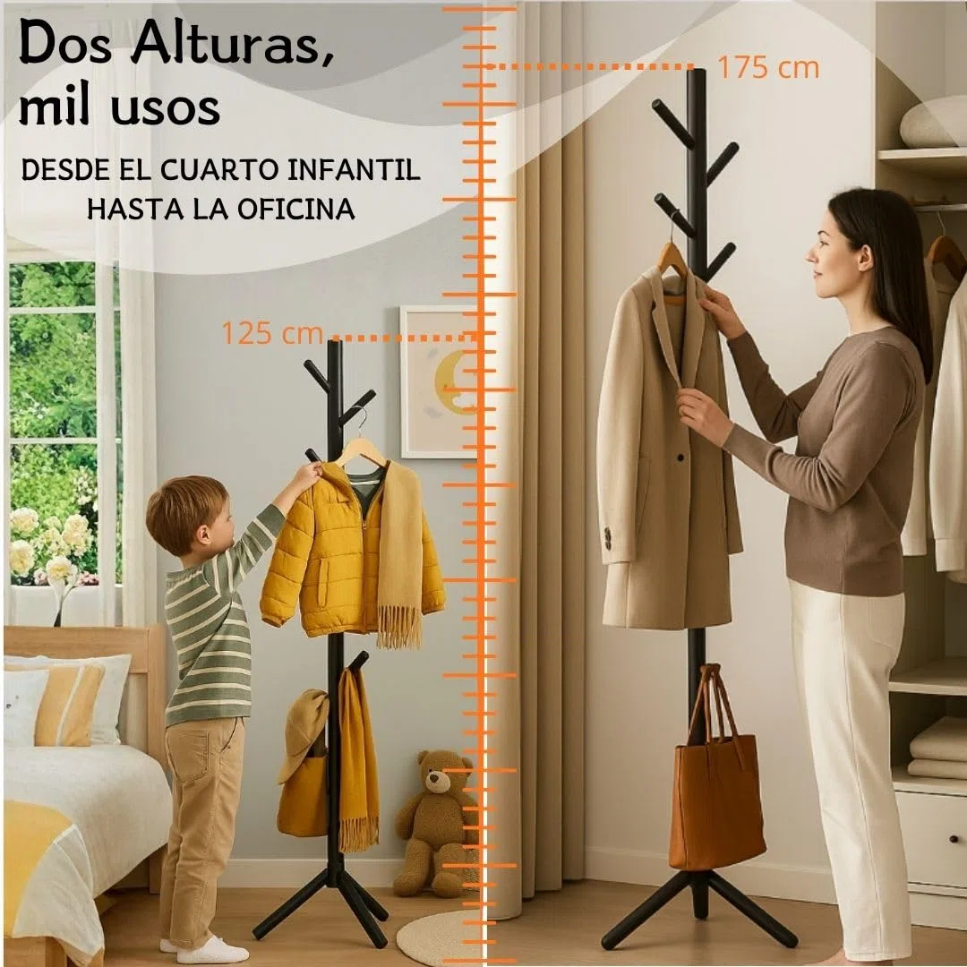 Perchero de Pie de Madera Forrada | Estilo Árbol, Altura Ajustable, 8 Ganchos, Base Estable, Ideal para Entrada, Dormitorio u Oficina, Montaje sin Herramientas (Negro)