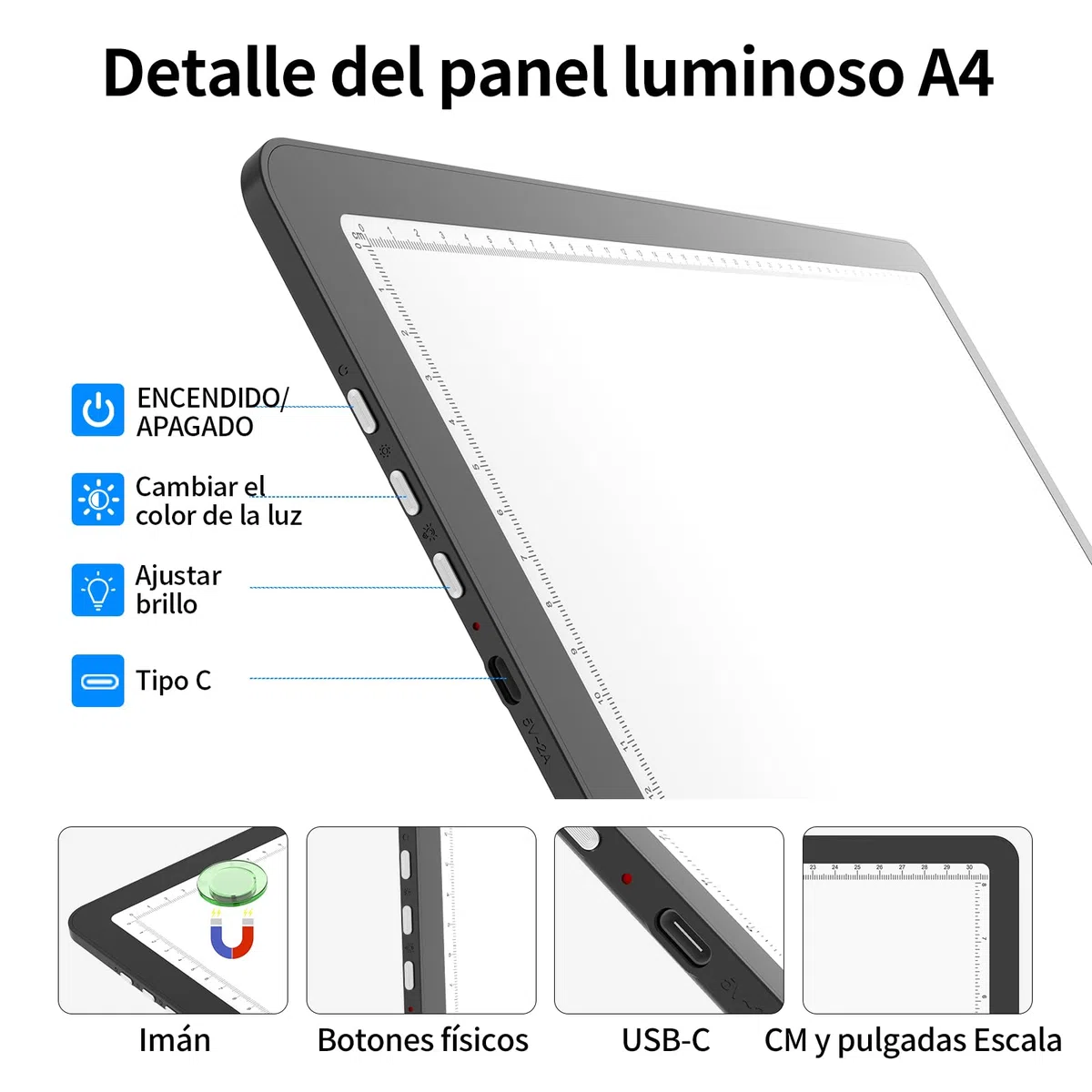 TOHETO Tablero de luz A4 para pintura de diamantes, almohadilla de luz magnética súper brillante con botones laterales, caja de luz para trazar y dibujar, mesa de luz con cable para bocetos, animación