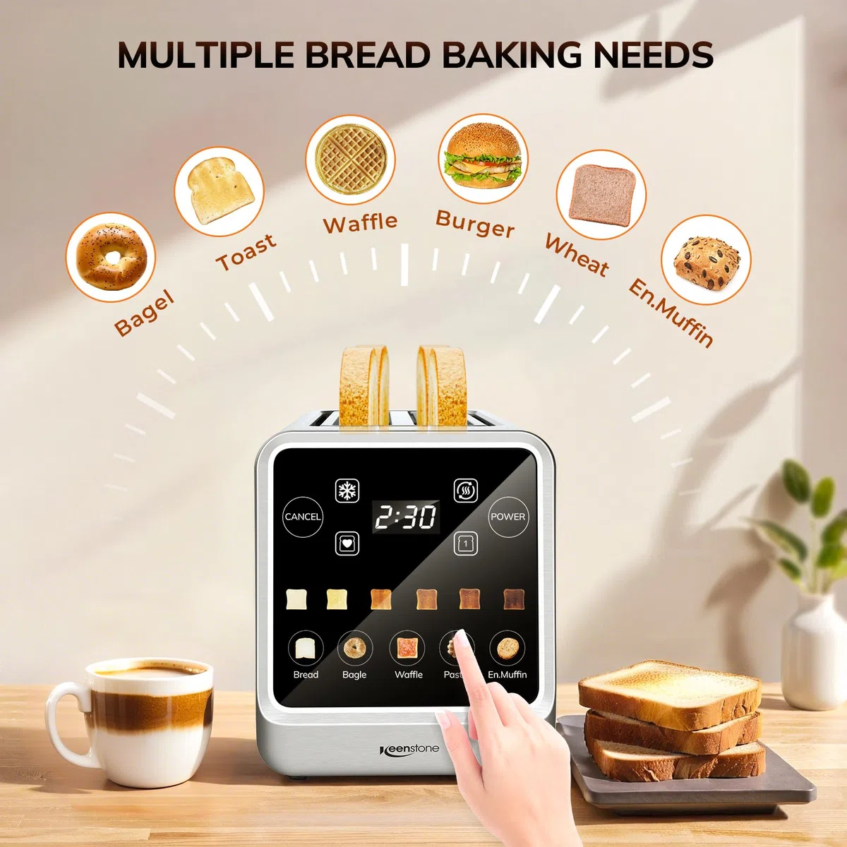 Keenstone tostador de 4 rebanadas, tostador digital inteligente con visualización táctil, función de memoria, tostado de una sola ranura, temporizador, recalentar y descongelar para bagels, pan