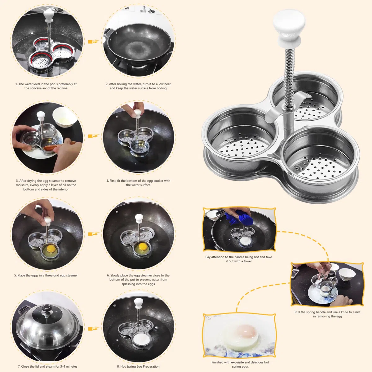 Poacher de huevo de acero inoxidable cocina de huevo escalfado con 3 tazas para herramienta de cocción para el desayuno, cazador furtivo de acero inoxidable
