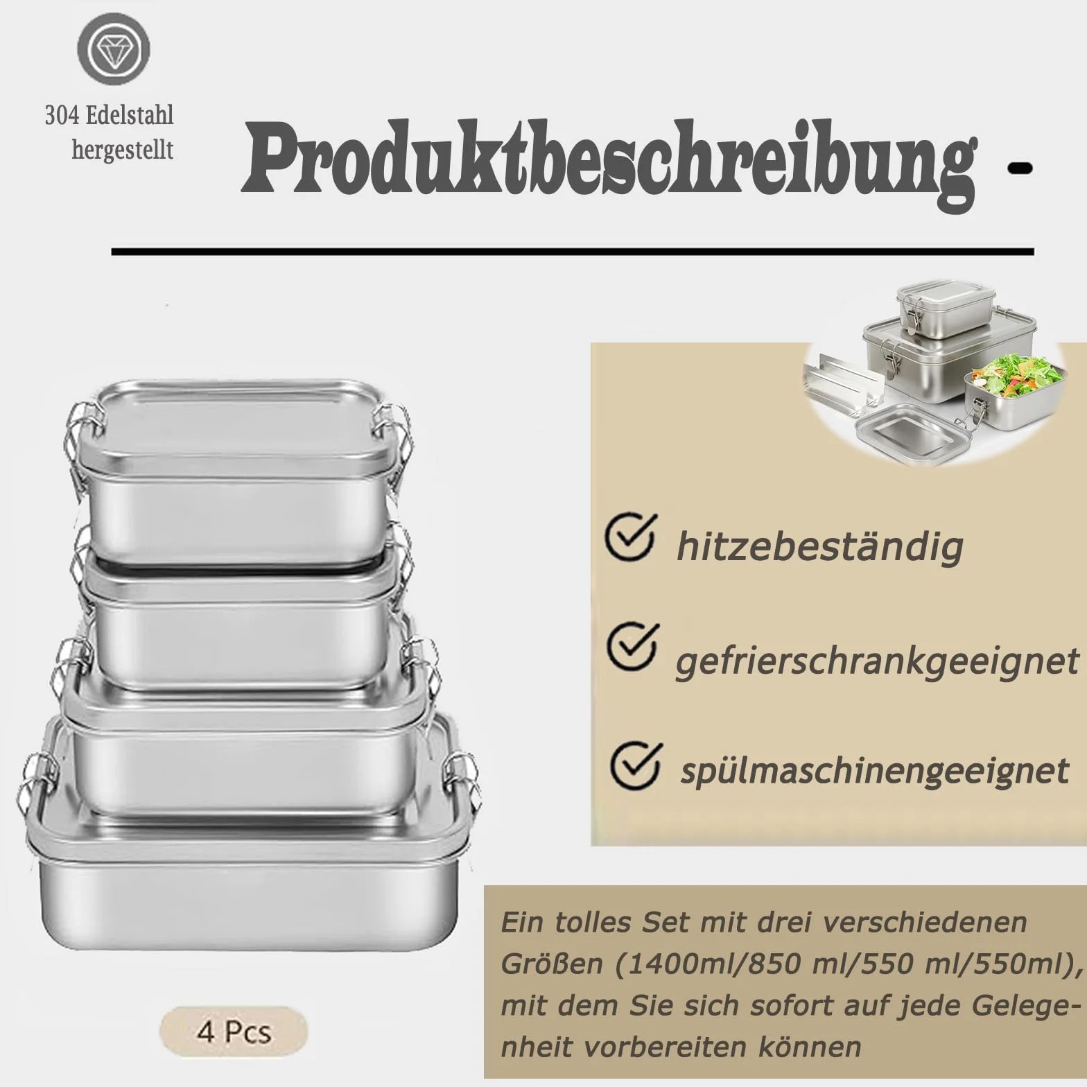 Juego de 4 cajas de acero inoxidable 304 para alimentos, ensaladas y comidas restantes, a prueba de fugas, de acero inoxidable grande (550 x 2/850/1400 ml)