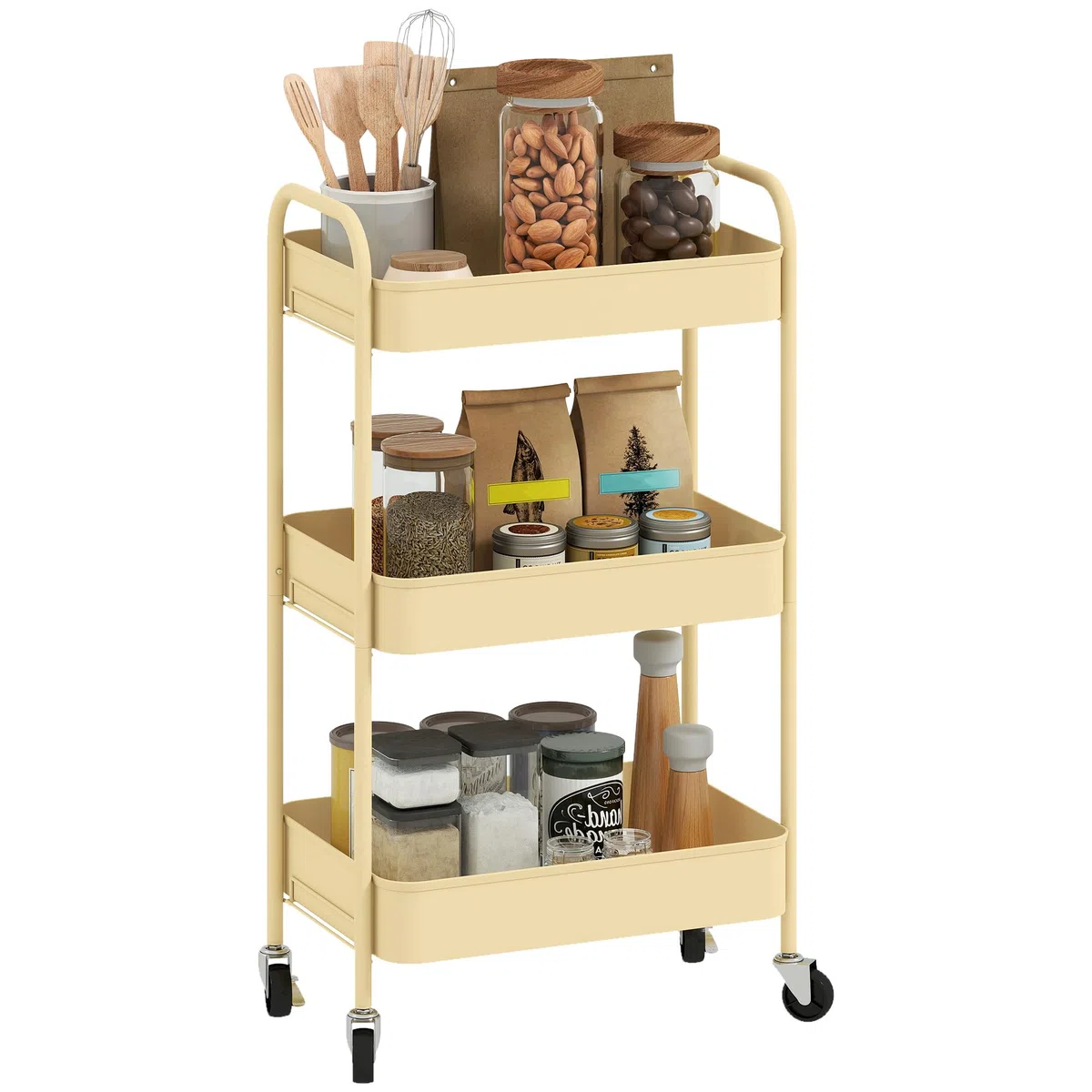 HOMCOM Carrito Auxiliar con Ruedas de 3 Niveles, Carrito de Cocina con 3 Cestas y 2 Asas, para Baño, Dormitorio, Oficina, 45x30,6x79 cm, Amarillo