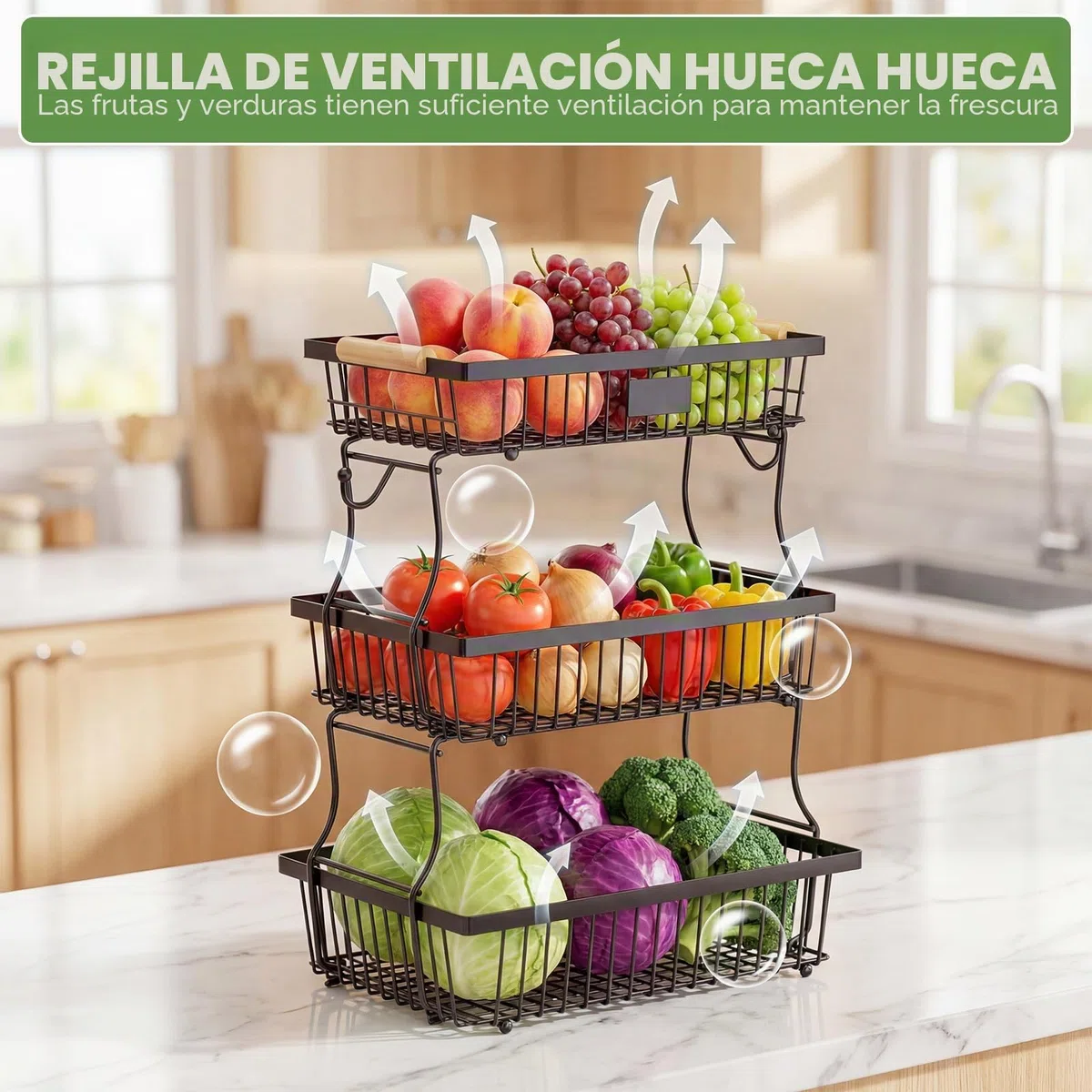 Fruteros De Cocina Frutero 3 Pisos con 2 Soportes para Plátanos, Cesta para Almacenar Frutas, Cebollas, Patatas, Pan, Aperitivos y Verduras (Negro)