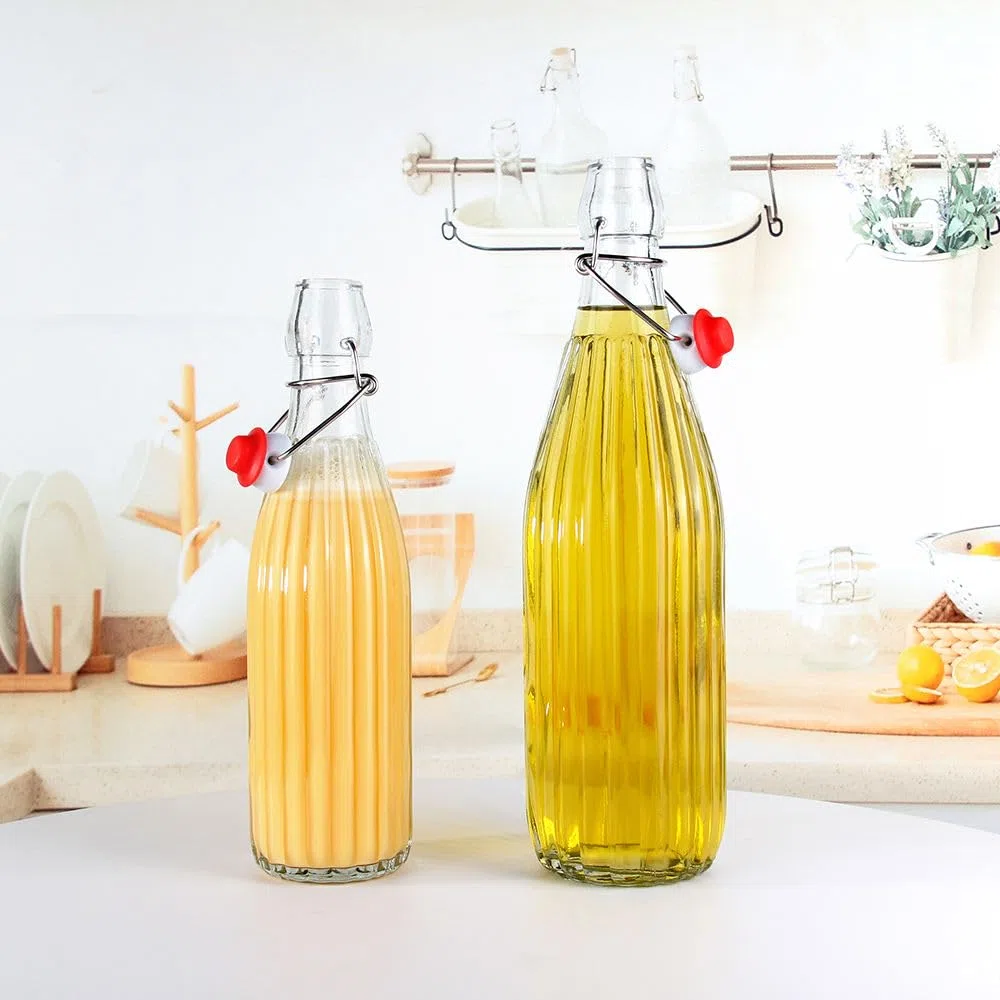 6 botellas de 1000 ml con cierre de clip, botellas de cristal vacías con asa para rellenar el licor, licor, zumo de 1 litro