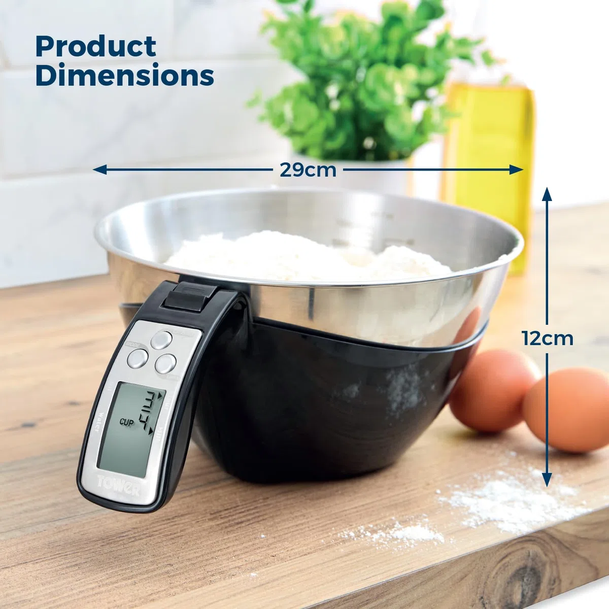 Tower Báscula digital 3 en 1, cuenco de acero inoxidable de 1,5 L, precisión de 1 g, añade y pesa para ingredientes húmedos y secos, modos de peso/volumen convertibles, capacidad de 5 kg, negro