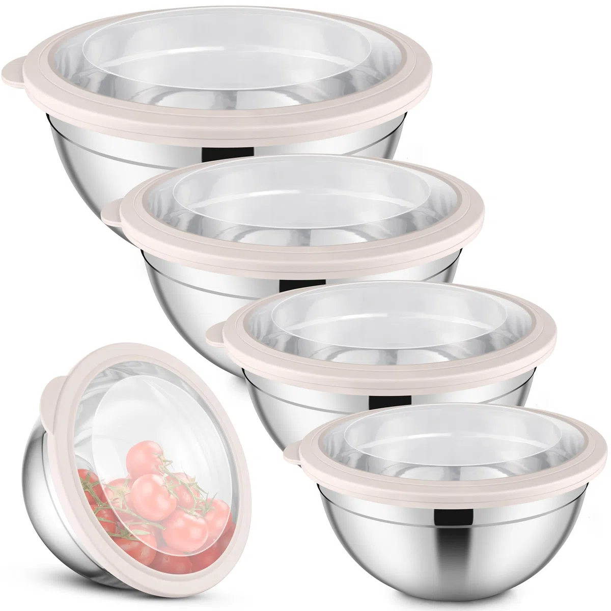 Herogo Juego de 5 cuencos para mezclar, de acero inoxidable, con tapa hermética transparente, juego de cuencos para hornear, 4,5 L, 2,7 L, 1,5 L, 1,2 L, 0,7 L, apilable, apto para lavavajillas, color