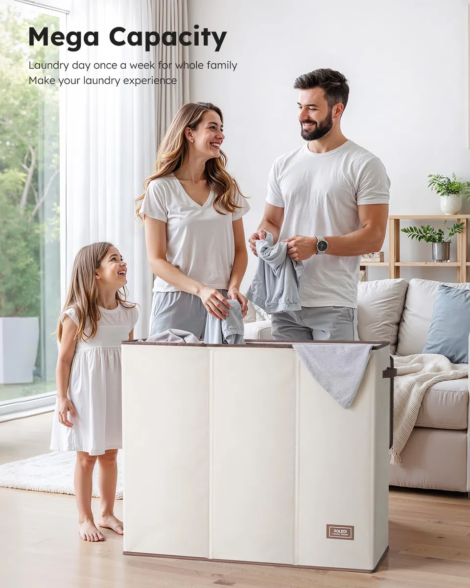 SOLEDI Cesto de ropa sucia de 180L de 3 secciones, cesto de ropa sucia extragrande con tapa, cesto de ropa sucia con asa resistente, organizador de cesto de ropa grande para cuarto de lavandería