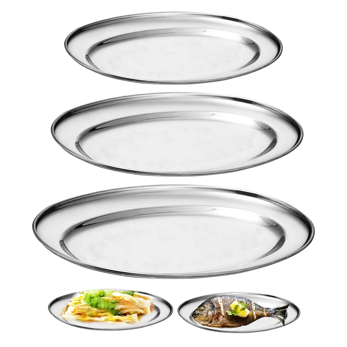 3 Piezas Acero Inoxidable Bandeja, Bandejas De Servir Oval, Bandeja De Servir De Acero Inoxidable Cuenco Ovalado Para Colocar Comida Gourmet, Bandejas De Cocina, Suministros De Restaurante (Plateado)