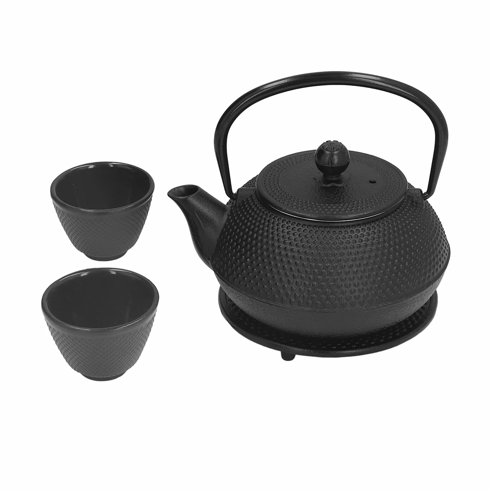 Aramox Juego de Tetera de Hierro Fundido, Juego de Tetera Japonesa de 800 Ml con 2 Tazas, de Hierro Fundido para Hervir y Preparar, de Estufa Negra Grabada para Amantes del té, Uso Familiar