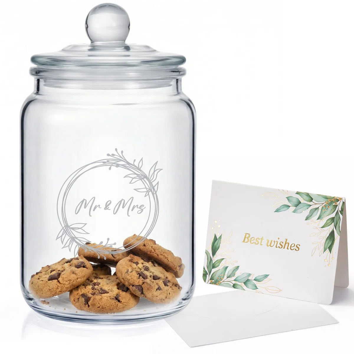 Tarro para Galletas de Cristal Grabado Mr & Mrs Tarjeta de Felicitación para Boda Regalo para Recién Casados 1 Litro Tarro de Almacenamiento con Tapa Regalo para Parejas en Aniversario Boda