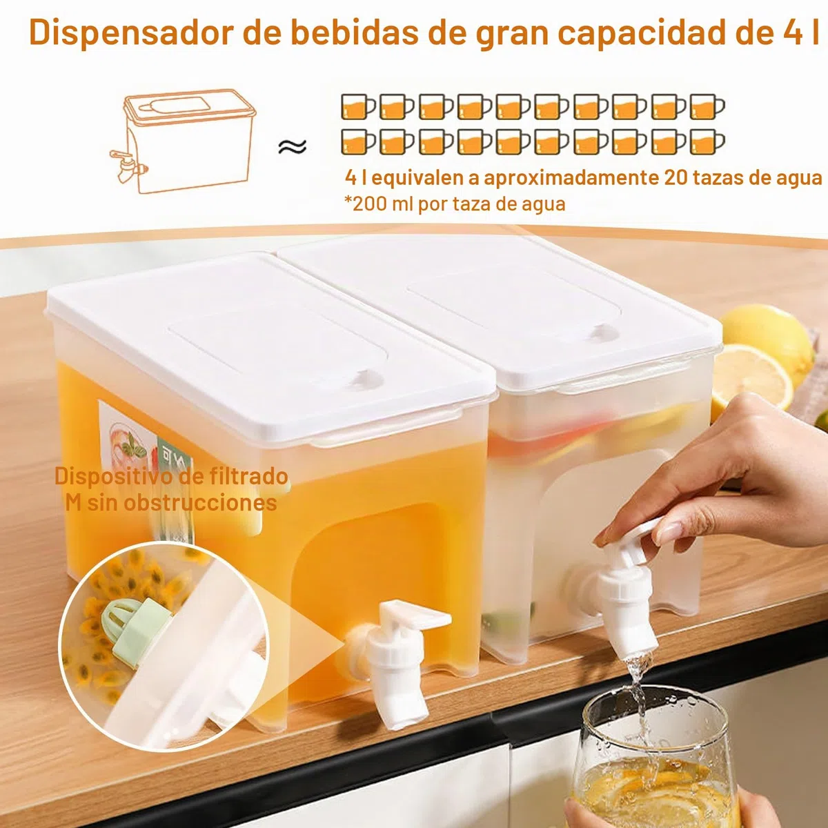 Dispensador de agua fría de gran capacidad de 4L con grifos,Dispensador de zumo Dispensador de agua para frigoríficos(con grifo),Diseñado para fiestas, camping, zumos de frutas, bebidas y cócteles