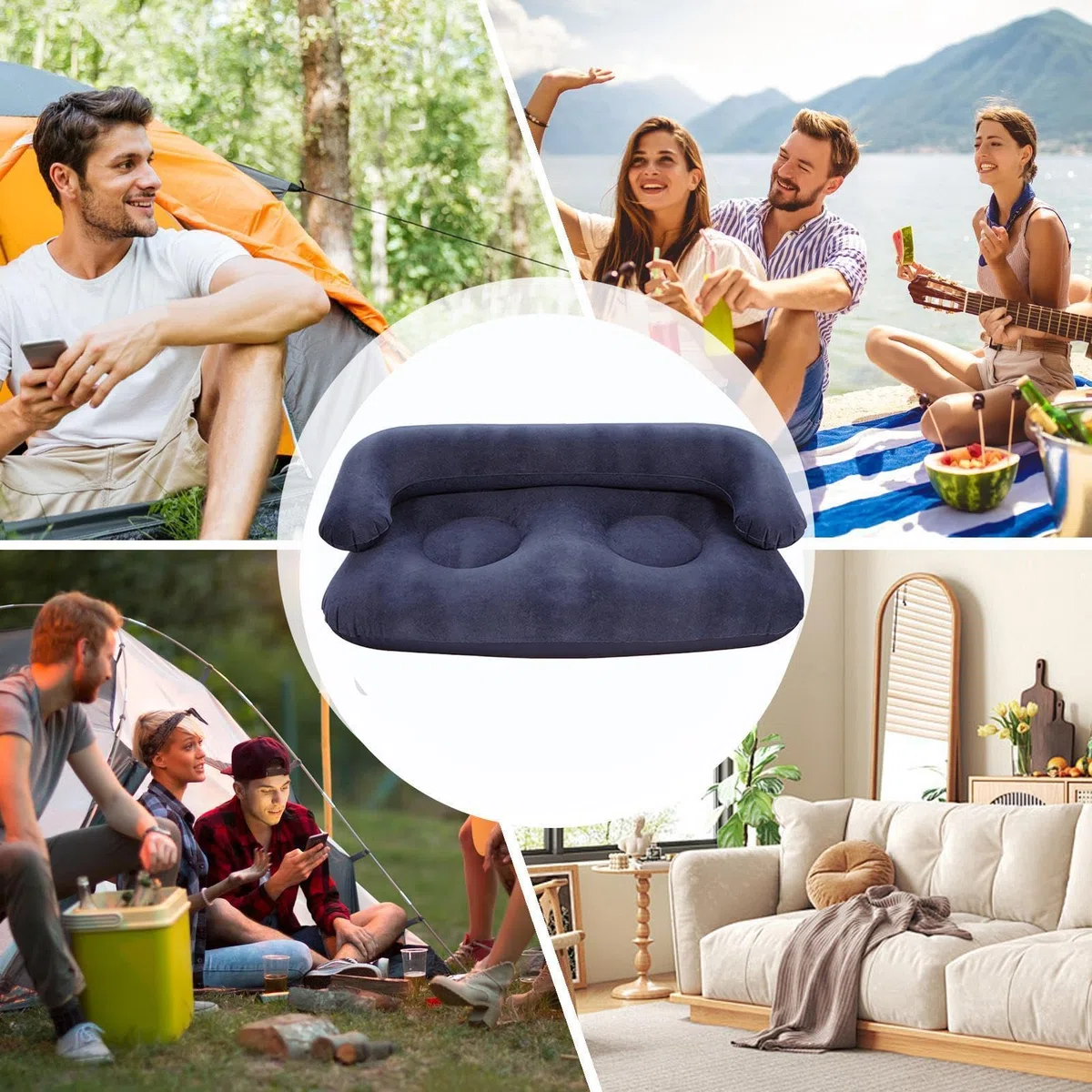 Sofá Hinchable de Camping,Sofá Plegable Afelpado Portátil Y Cómodo con Reposabrazos - Sillón de Aire,para Salón Películas Viajes Jardín Patio Terraza Porche Balcón Interiores Dormitorio
