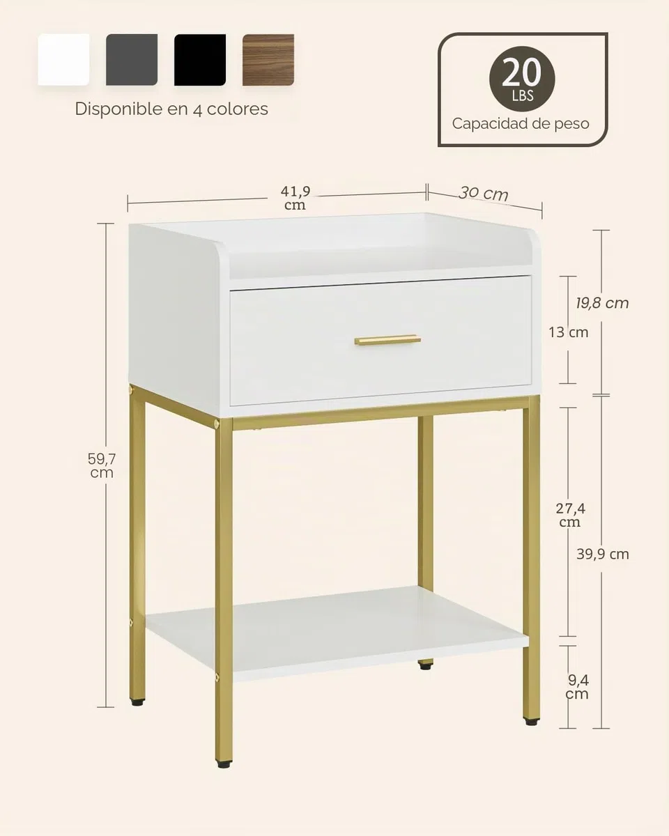 HEYZOEY Mesita de Noche Moderna de 3 Niveles con cajón de Almacenamiento y Estante, Mesa Auxiliar pequeña con Patas Doradas para Dormitorio, Sala de Estar, Color Blanco
